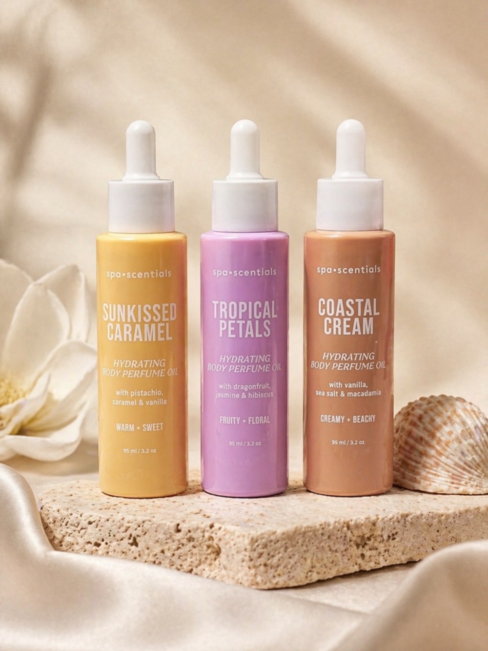 Perfume Oils Trio- Sunkissed Caramel, Tropical Petals & Coastal Cream